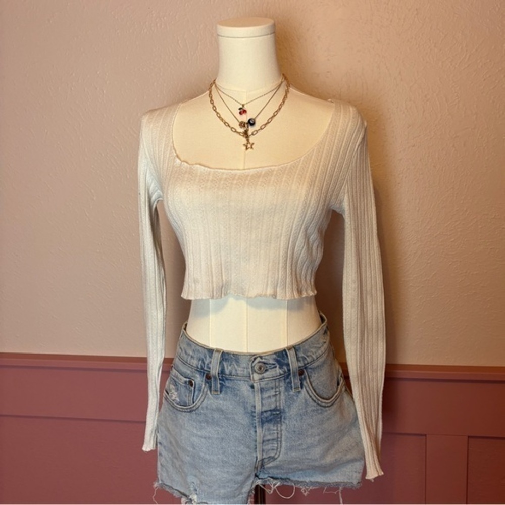 white ribbed long sleeve crop top princess polly sz 8 henley coquette